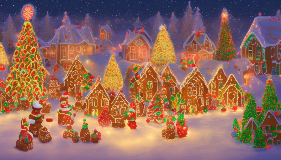 Gingerbread candy village at Christmas time, Trending on Artstation,Matte Painting,Bokeh effect,Cinematic Lighting,Studio light,Vibrant Colors,Concept Art,Colorful