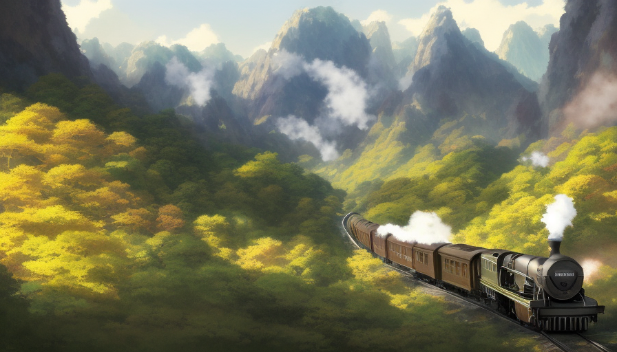 A highly detailed matte painting of a steam train going through a beautiful valley by studio ghibli, 4k resolution,Trending on Artstation,Studio light,Volumetric Lighting,Concept Art, by Stanley Artgerm Lau,by Greg Rutkowski,by Makoto Shinkai