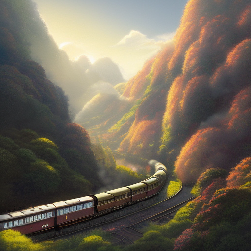 A highly detailed matte painting of a steam train going through a beautiful valley by studio ghibli, 4k resolution,Trending on Artstation,Studio light,Volumetric Lighting,Concept Art, by Stanley Artgerm Lau,by Greg Rutkowski,by Makoto Shinkai