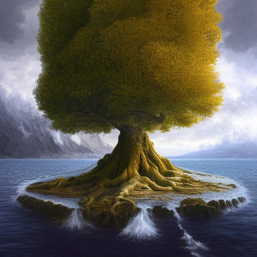 A hyperdetailed matte painting of a german romantic tree emerging from an oceanographic landscape, Hyper Detailed,Unimaginable Beauty,Digital Painting,Surrealism