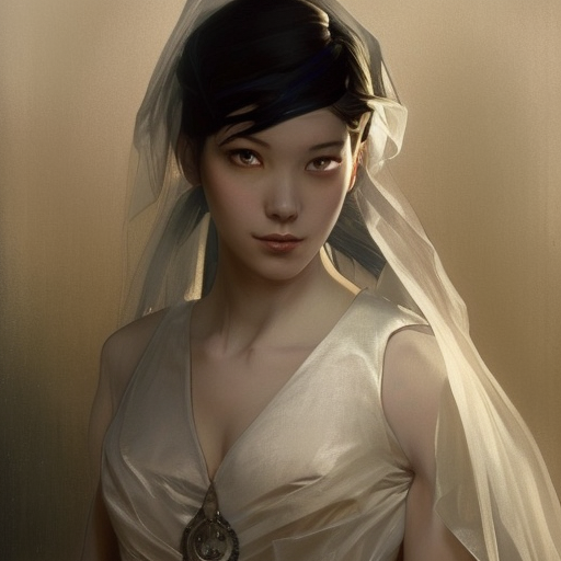 Cassandra cain in a wedding dress, riot entertainment, Realistic,Artgerm,Concept Art,Portrait, by Alphonse Mucha,by Greg Rutkowski