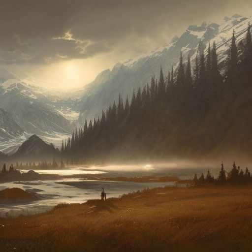 Illustration of an alaskan wildness just before darkness, Landscape, by Greg Rutkowski