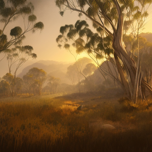 Illustration of an Australian bush just before darkness, Landscape, by Greg Rutkowski