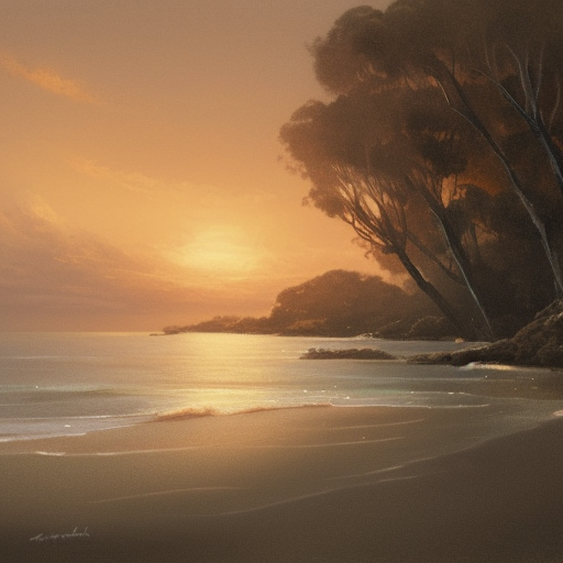 Illustration of an Australian beach just before darkness, Landscape, by Greg Rutkowski