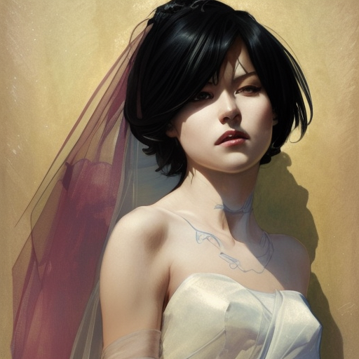 Cassandra cain in a wedding dress, riot entertainment, Realistic,Artgerm,Concept Art,Portrait, by Alphonse Mucha,by Greg Rutkowski