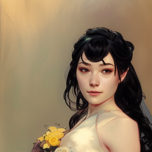 Cassandra cain in a wedding dress, riot entertainment, Realistic,Artgerm,Concept Art,Portrait, by Alphonse Mucha,by Greg Rutkowski