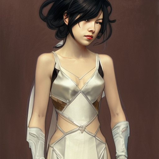 Cassandra cain in a wedding dress, riot entertainment, Realistic,Artgerm,Concept Art,Portrait, by Alphonse Mucha,by Greg Rutkowski