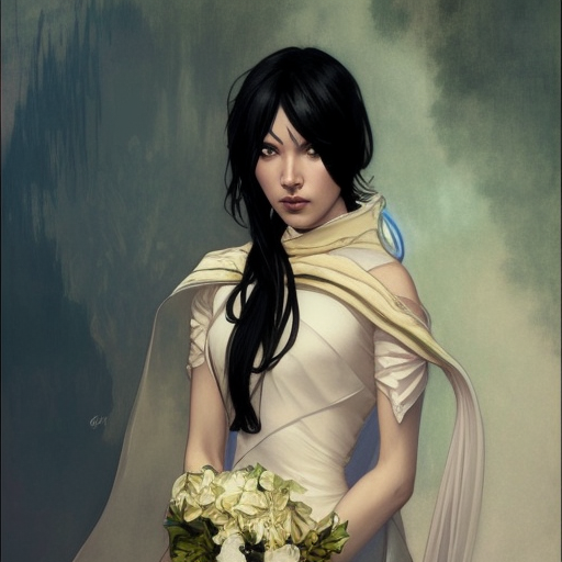 Cassandra cain in a wedding dress, riot entertainment, Realistic,Artgerm,Concept Art,Portrait, by Alphonse Mucha,by Greg Rutkowski