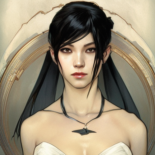 Cassandra cain in a wedding dress, riot entertainment, Realistic,Artgerm,Concept Art,Portrait, by Alphonse Mucha,by Greg Rutkowski