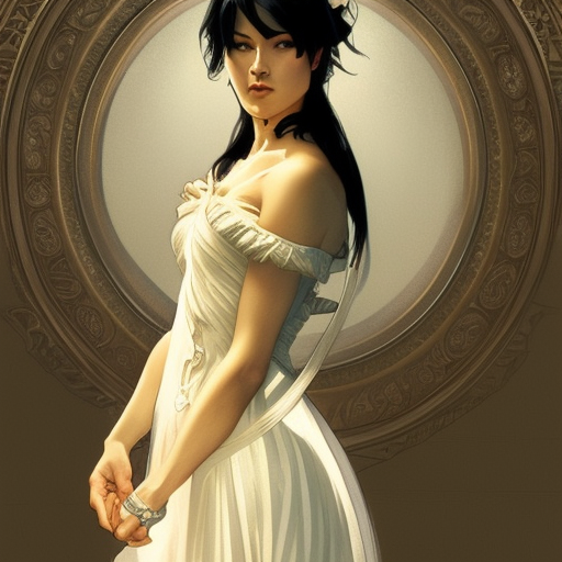 Cassandra cain in a wedding dress, riot entertainment, Realistic,Artgerm,Concept Art,Portrait, by Alphonse Mucha,by Greg Rutkowski